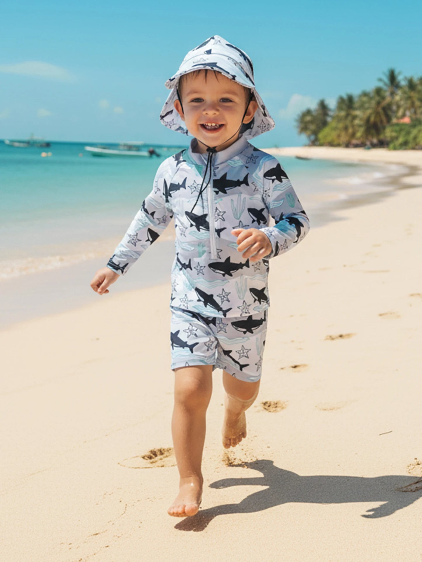 Baby Toddler Boys 3Pcs Rash Guard Swimsuit Print Zip Up Long Sleeve Swimwear Top Swim Shorts and Hat Set