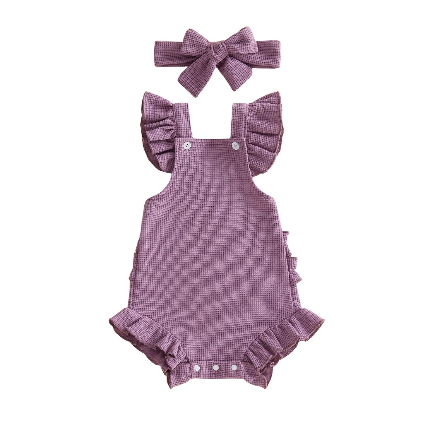 Baby Girl 2Pcs Spring Summer Outfits Ruffle Sleeveless Solid Color Romper with Headband Set