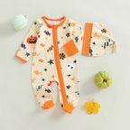 Baby Boys Girls 2Pcs Halloween Outfit Pumpkin Long Sleeve Zip-up Footed Zipper Romper and Knot Hat Fall Set