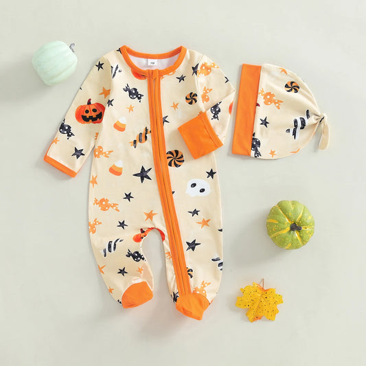 Baby Boys Girls 2Pcs Halloween Outfit Pumpkin Long Sleeve Zip-up Footed Zipper Romper and Knot Hat Fall Set