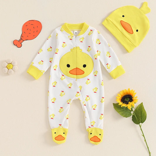 Baby Boys Girls 2Pcs Duck Outfit Long Sleeve Full Length Footed Jumpsuit Romper Duck Hat Set