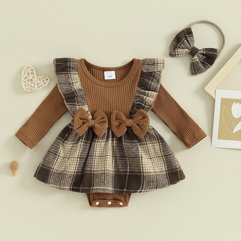 Baby Girls 2Pcs Autumn Romper Dress Long Sleeve Ruffle Houndstooth / Plaid Print Romper Overall Skirt With Headband Set