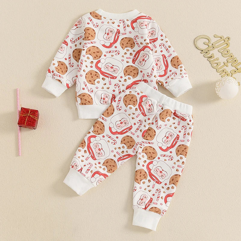 Baby Toddler Girls Boys 2Pcs Christmas Jogger Set Cookie Santa Claus Print Long Sleeve Top with Pants Outfit