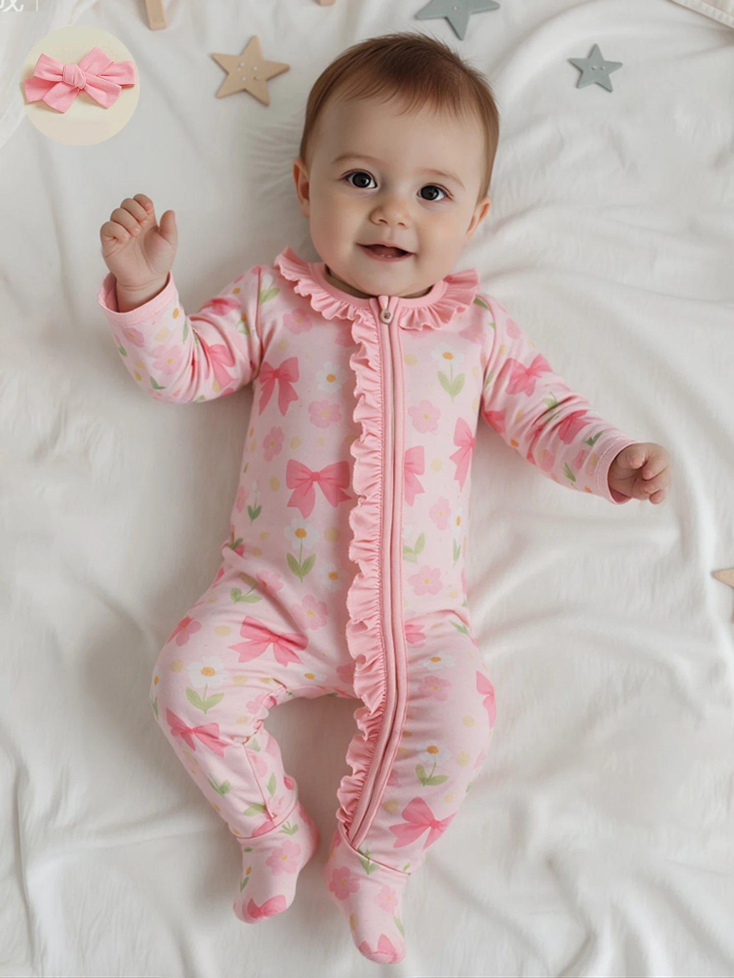 Baby Girl 2Pcs Footed Zipper Romper Floral Print Long Sleeve Zip Up Round Neck Ruffled Jumpsuit with Headband Set