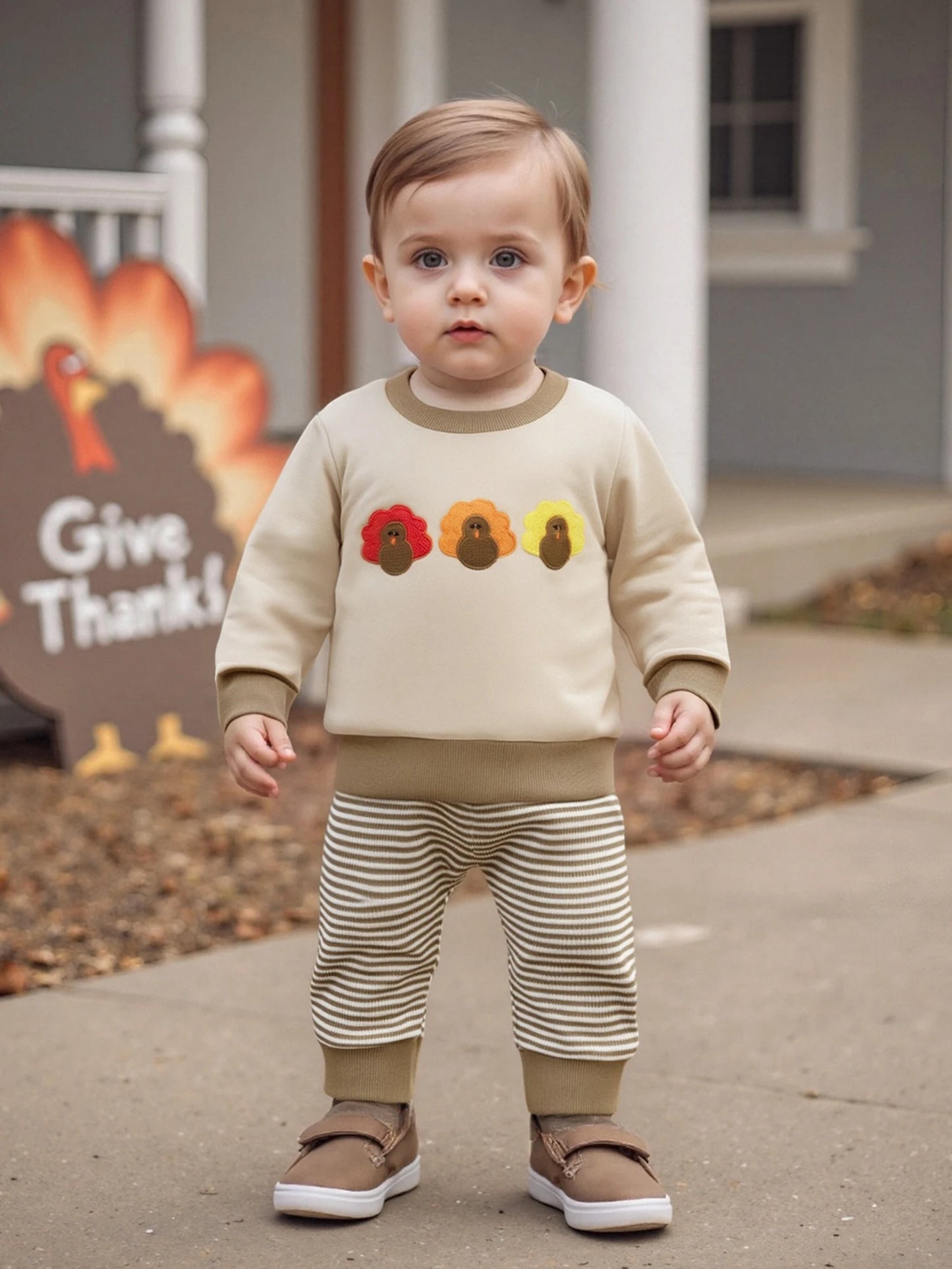 Baby Toddler Boys 2Pcs Jogger Set Long Sleeve Crew Neck Embroidery Gobble Turkey Top with Striped Pants Thanksgiving Clothes