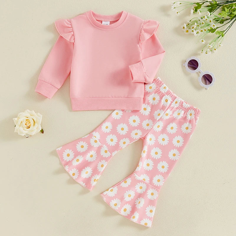 Toddler Kids Girls 2Pcs Fall Outfit Flying Sleeve Solid Color Pullover Top with Flower Floral Flared Pants Set