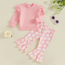 Load image into Gallery viewer, Toddler Kids Girls 2Pcs Fall Outfit Flying Sleeve Solid Color Pullover Top with Flower Floral Flared Pants Set
