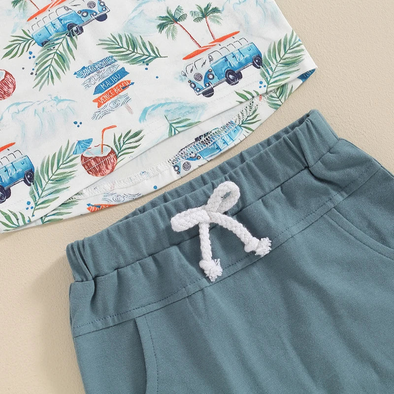 Baby Toddler Boys 2Pcs Summer Outfit Beach Style Palm Tree Coconut Van Surf Print Short Sleeve Top Elastic Waist Shorts Set