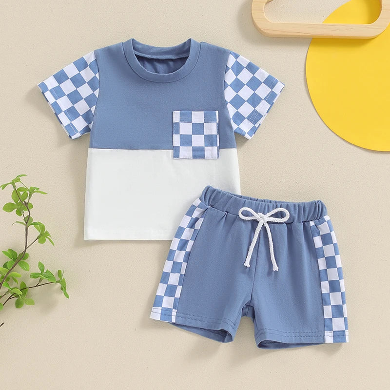 Baby Toddler Boys 2Pcs Summer Short Sleeve Checkerboard Print Top Drawstring Shorts Set Outfit