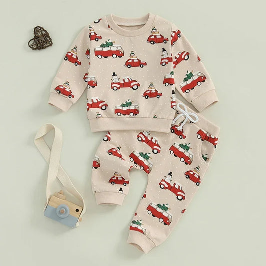 Baby Toddler Boys Girls 2Pcs Christmas Jogger Set Snowman Vehicle Truck Bus Car Print Long Sleeve Crewneck Top Pocket Long Pants Outfit