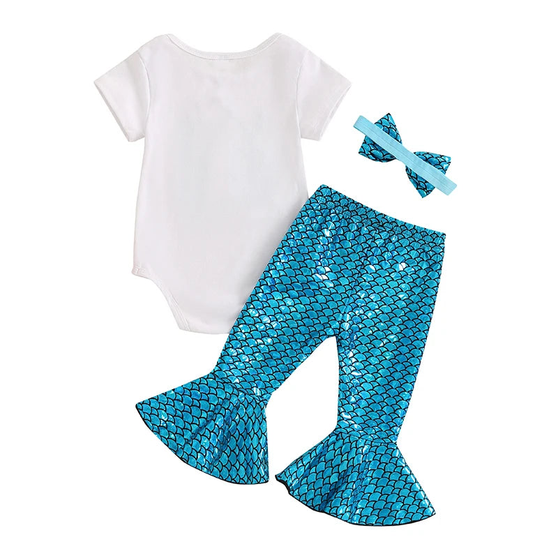 Baby Girls 3Pcs Birthday 1 One Year Old Set Short Sleeve Sequins Number Romper Mermaid Flared Pants Headband Outfit