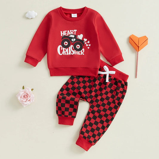 Baby Toddler Boys 2Pcs Heart Cruiser Outfit Long Sleeve Letters Car Print Crewneck Top with Checkered Pants Valentine’s Day Outfit Jogger Set