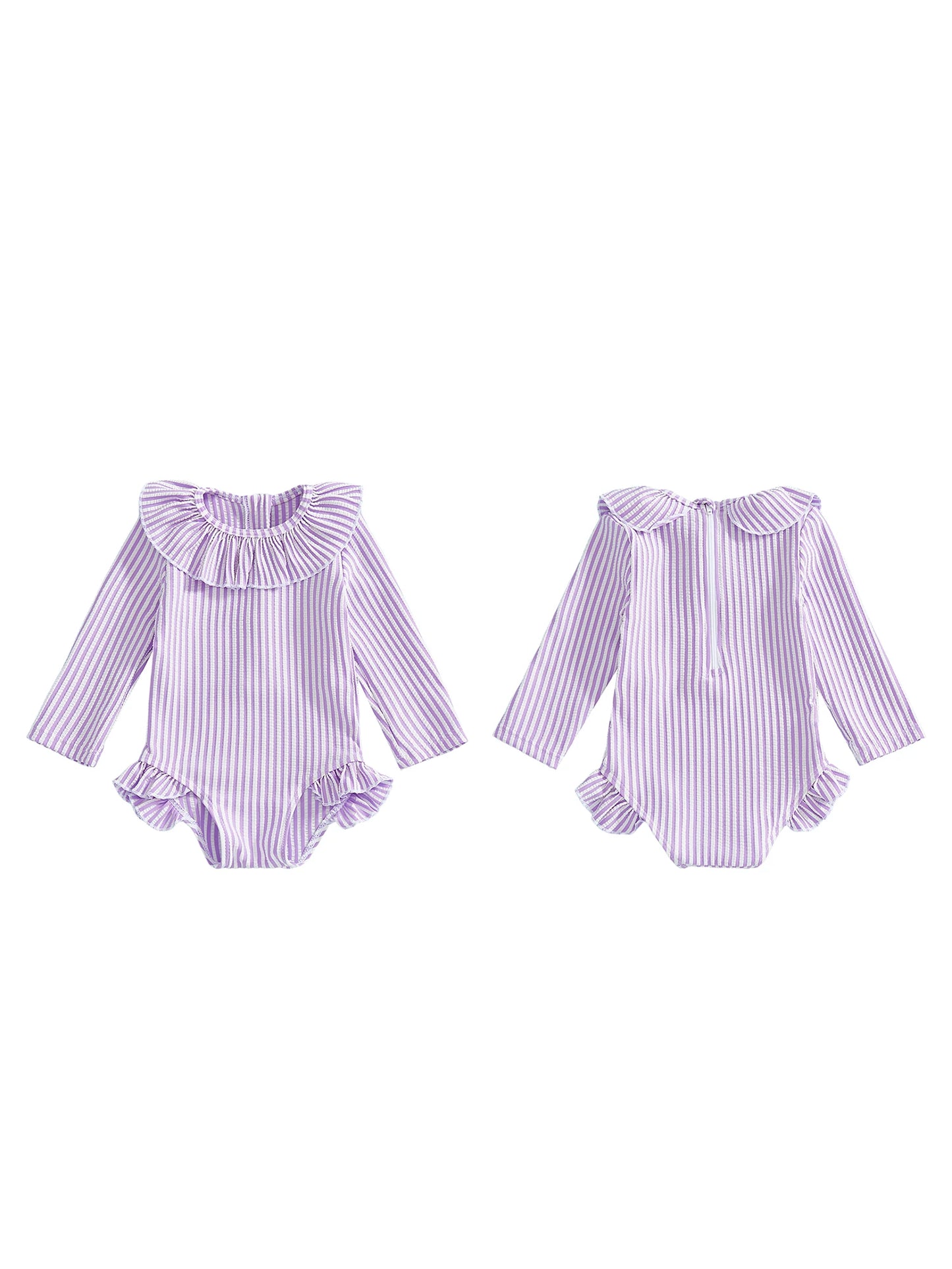 Baby Toddler Girl Rash Guard Swimsuit Long Sleeve Ruffled Collar Striped Swimwear Bathing Suit for Beach Pool