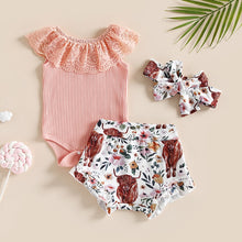 Load image into Gallery viewer, Infant Baby Girls 3Pcs Summer Set Tank Top Lace Romper with Cow or Rainbow Print Shorts and Bow
