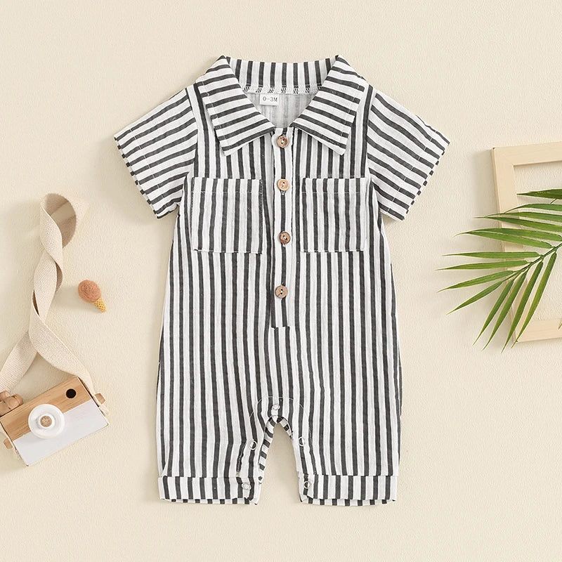 Baby Boy Striped Romper Short Sleeve Front Pocket Single-breasted Button Collar Legs Jumpsuit