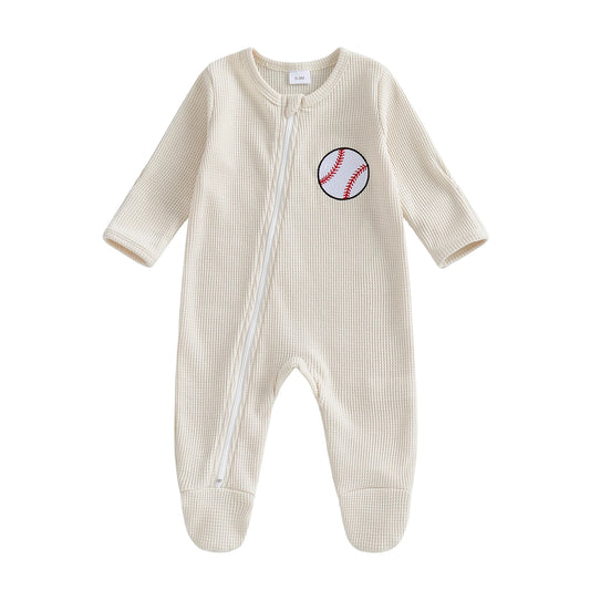 Baby Boys Girls Footed Zipper Romper Baseball Embroidered Long Sleeve Zip-up Jumpsuit Casual Infant Clothes