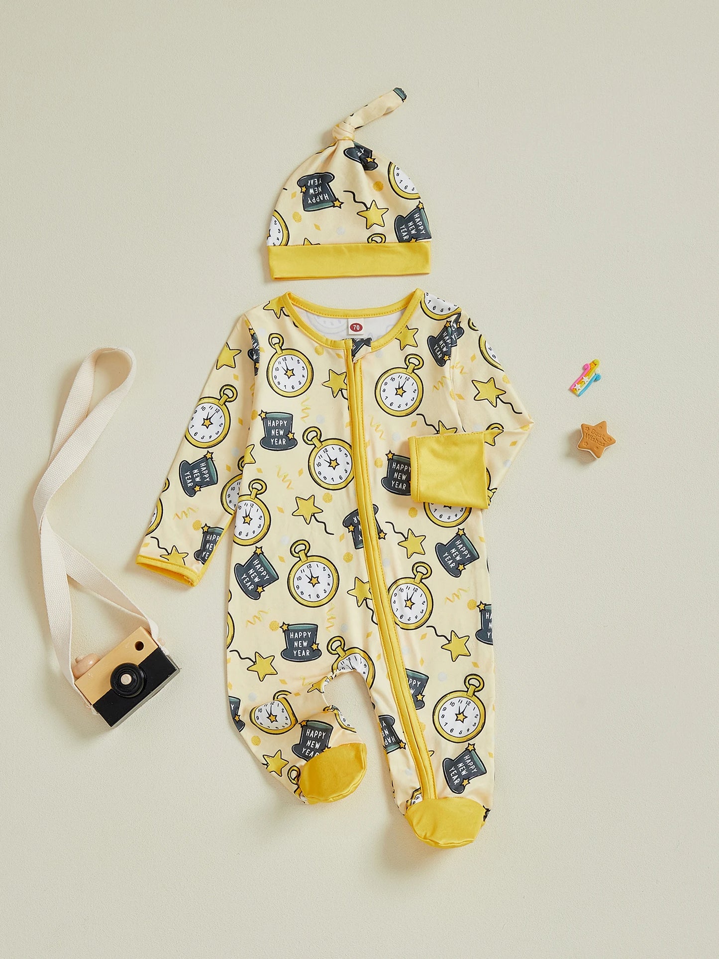 Baby Boy Girl 2Pcs Happy New Year Outfits Cute Long Sleeve Round Neck Hat Clock Print Footed Jumpsuit and Hat Set