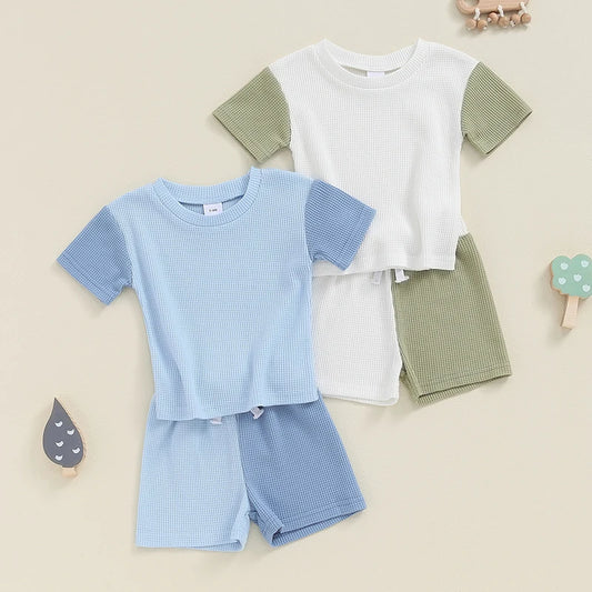 Baby Toddler Boys 2Pcs Summer Outfit Contrast Color Short Sleeves Top and Elastic Shorts Set