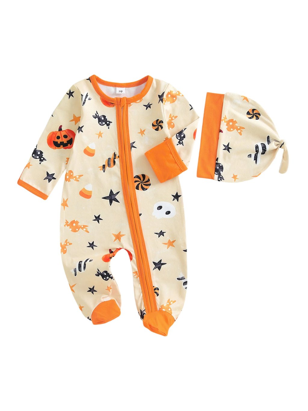Baby Boys Girls 2Pcs Halloween Outfit Pumpkin Long Sleeve Zip-up Footed Zipper Romper and Knot Hat Fall Set