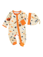 Baby Boys Girls 2Pcs Halloween Outfit Pumpkin Long Sleeve Zip-up Footed Zipper Romper and Knot Hat Fall Set