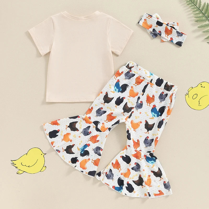 Baby Toddler Girls 3Pcs Set Free Range Farm Chicken Short Sleeve O-Neck Top with Long Flare Pants and Headband Outfit