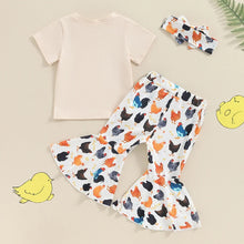 Load image into Gallery viewer, Baby Toddler Girls 3Pcs Set Free Range Farm Chicken Short Sleeve O-Neck Top with Long Flare Pants and Headband Outfit
