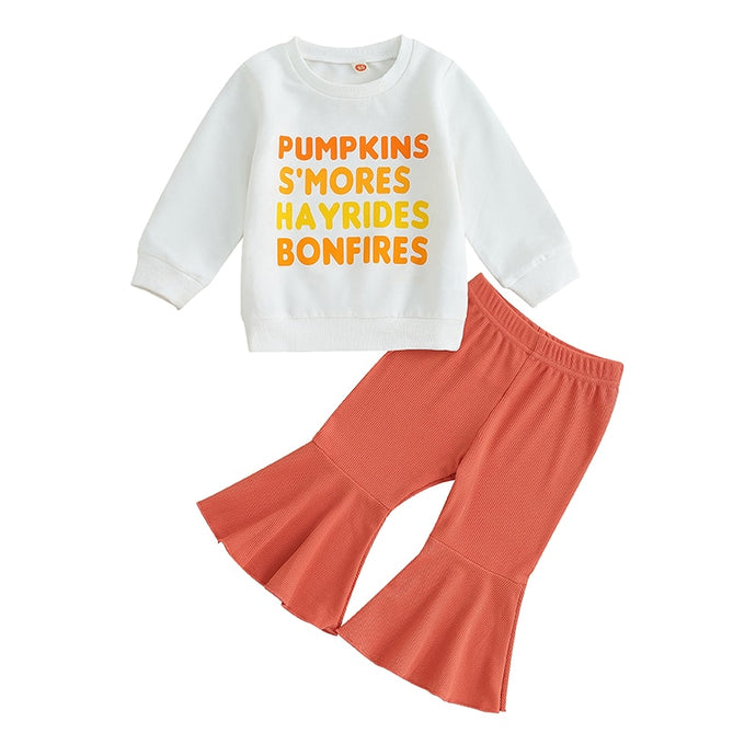 Baby Toddler Kids Girl 2Pcs Fall Outfits Long Sleeve Letter Pumpkin Print Top Bell Bottoms Set