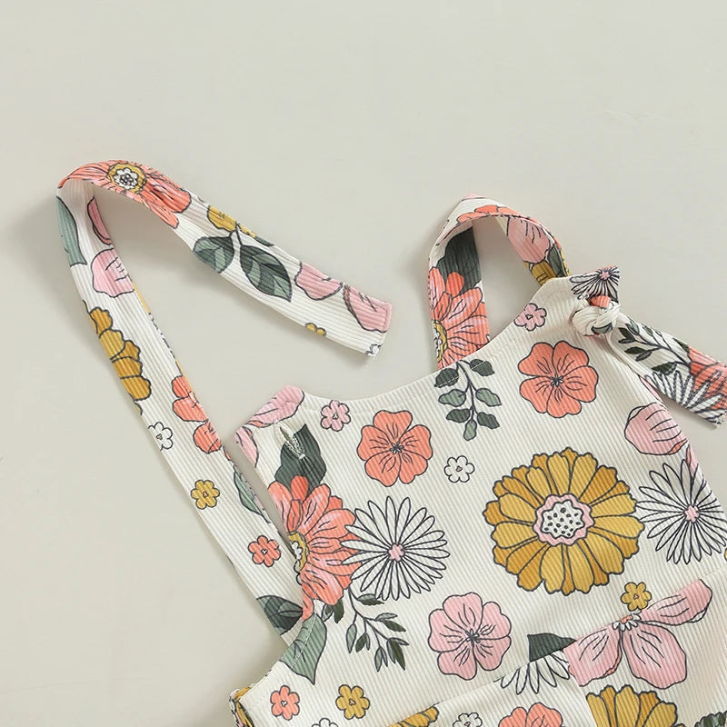 Baby Toddler Girl Summer Romper Casual Knotted Straps Floral Flowers Strawberry Print Sleeveless Flared Pant Jumpsuit