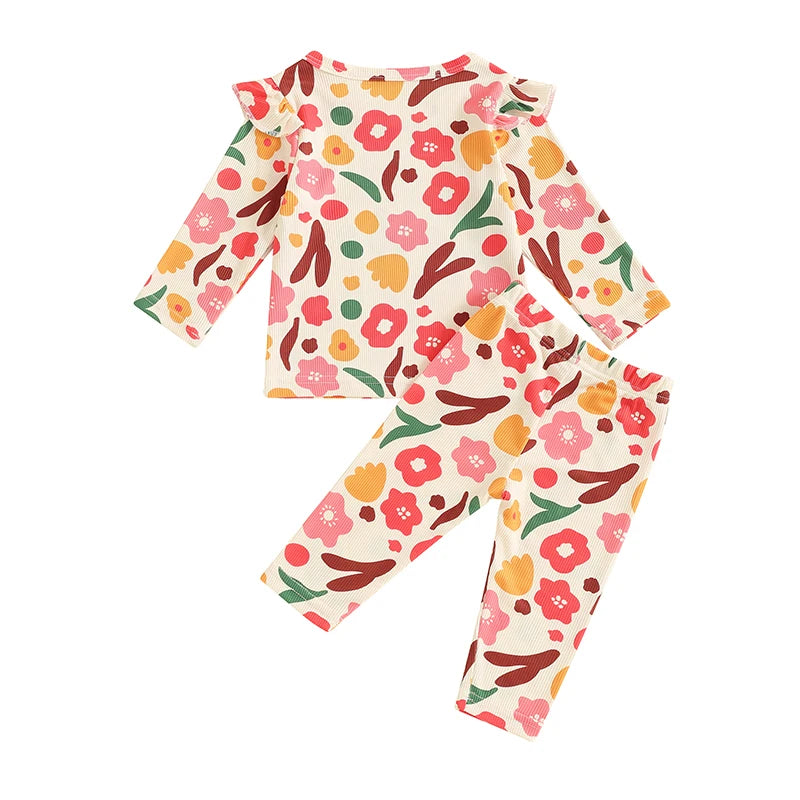 Baby Toddler Girls 2Pcs Flower Print Long Sleeve Top with Matching Pants Set Outfit