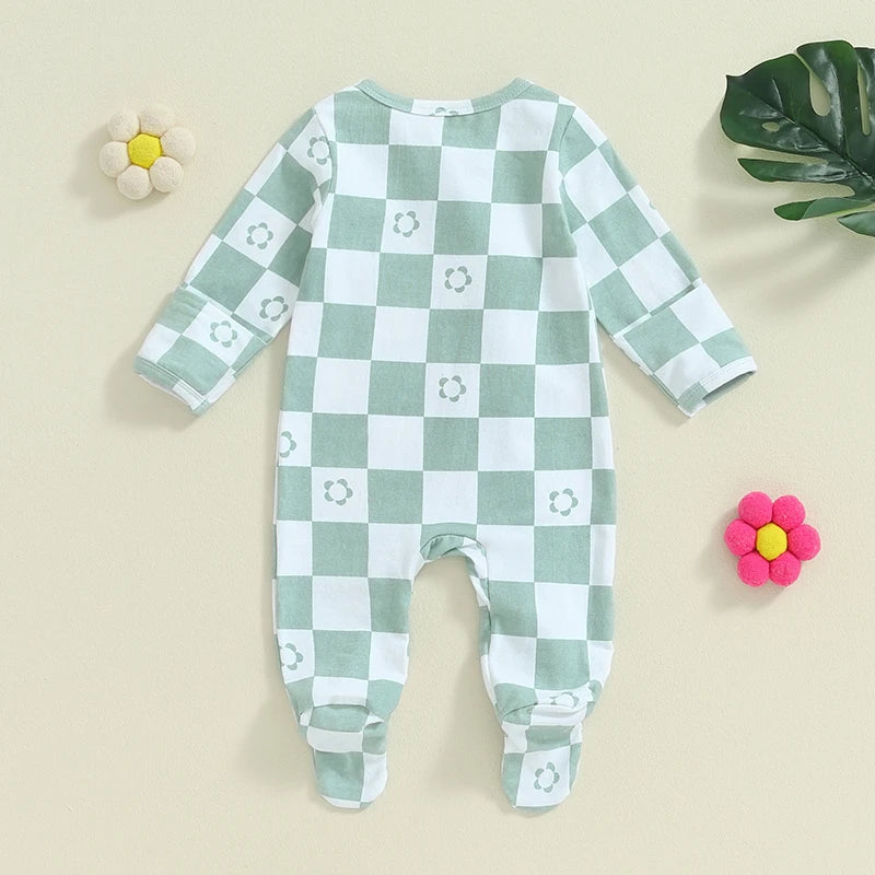 Baby Girls Footie Long Sleeve Crew Neck Zip Closure Checker Flower Print Fall Jumpsuit Zipper Romper