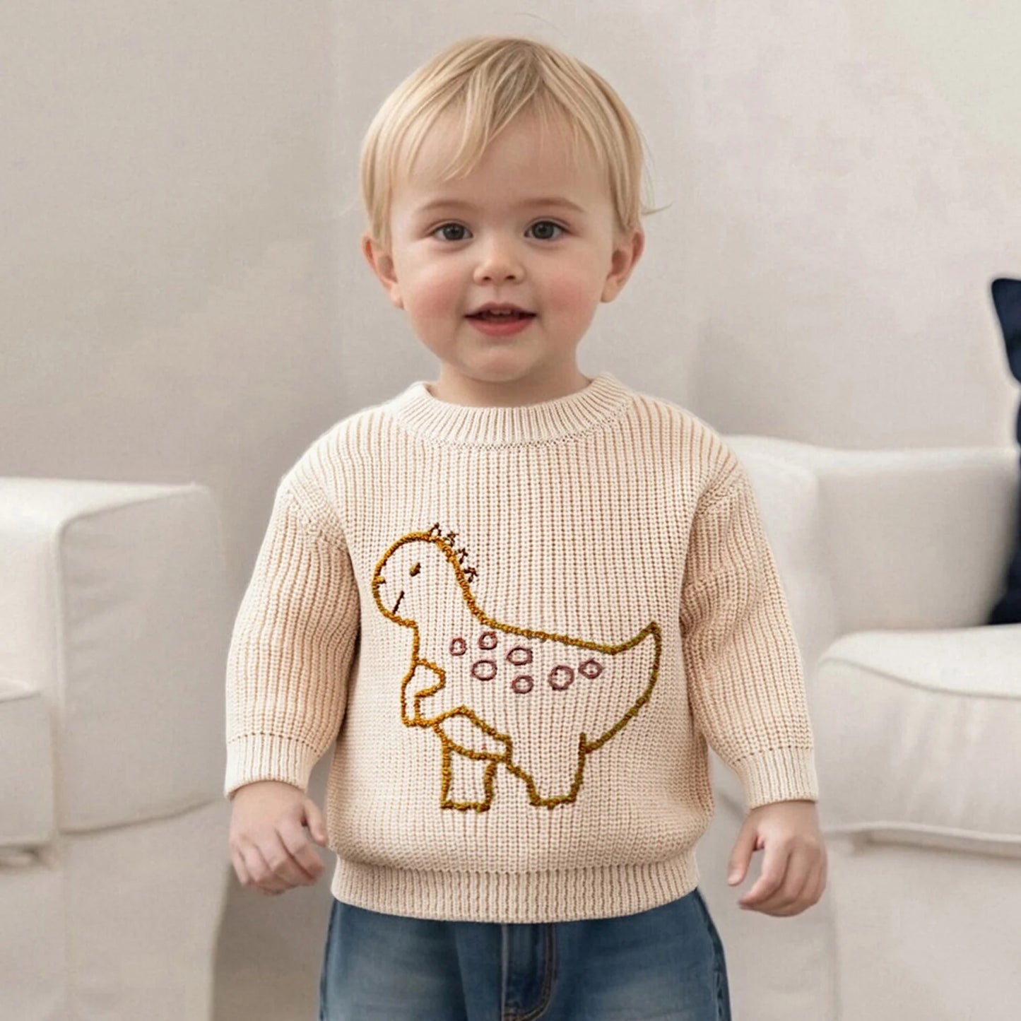 Baby Toddler Boy Sweater Long Sleeve Crew Neck Dinosaur Embroidery Knit Tops Comfortable Pullover