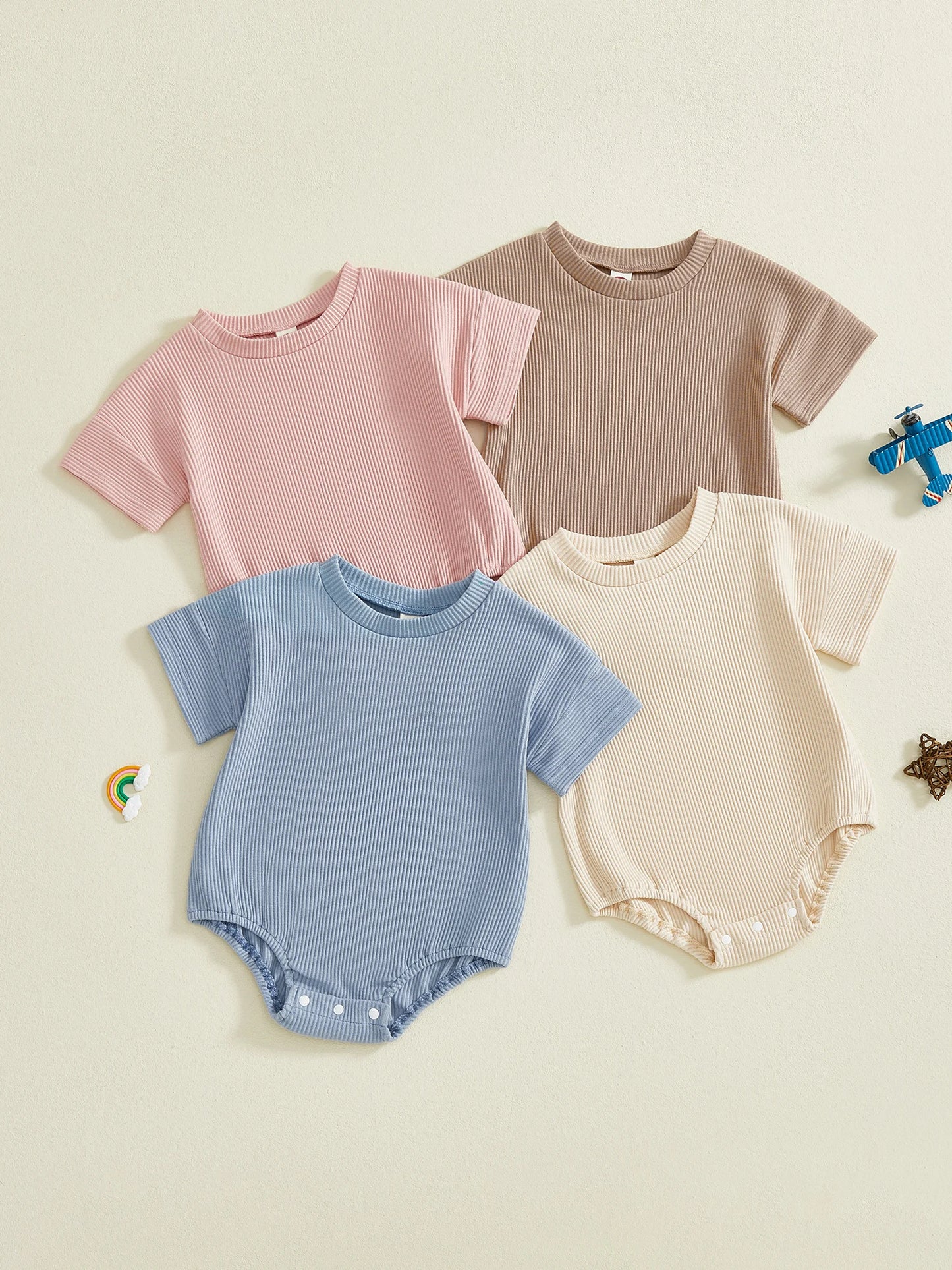 Baby Girls Boys Spring Summer Jumpsuit Solid Color Ribbed Short Sleeve Round Neck Romper Cute Bodysuit