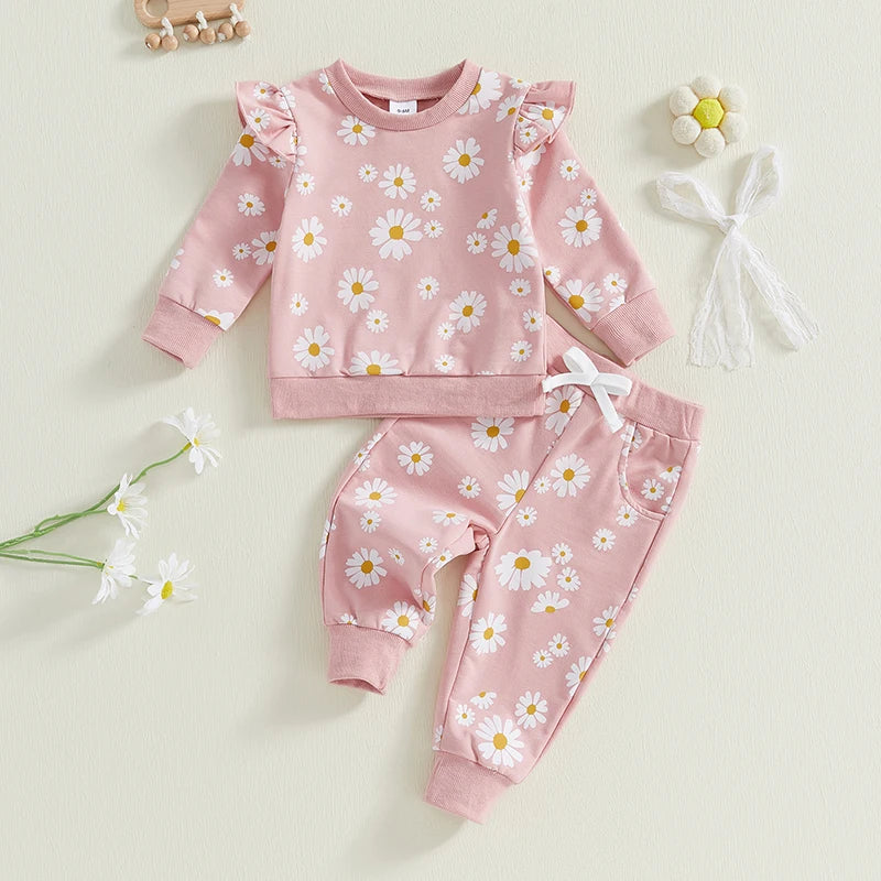 Baby Toddler Girls 2Pcs Spring Fall Outfit Daisy Print Ruffle Long Sleeve Pullover Top Elastic Waist Jogger Pants Set