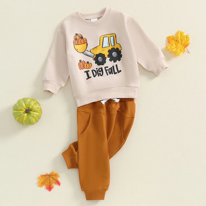 Baby Toddler Boys 2Pcs I Dig Fall Halloween Thanksgiving Outfit Tractor Pumpkin Print Long Sleeve Crew Neck Top and Elastic Pants Set