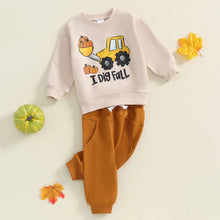 Load image into Gallery viewer, Baby Toddler Boys 2Pcs I Dig Fall Halloween Thanksgiving Outfit Tractor Pumpkin Print Long Sleeve Crew Neck Top and Elastic Pants Set
