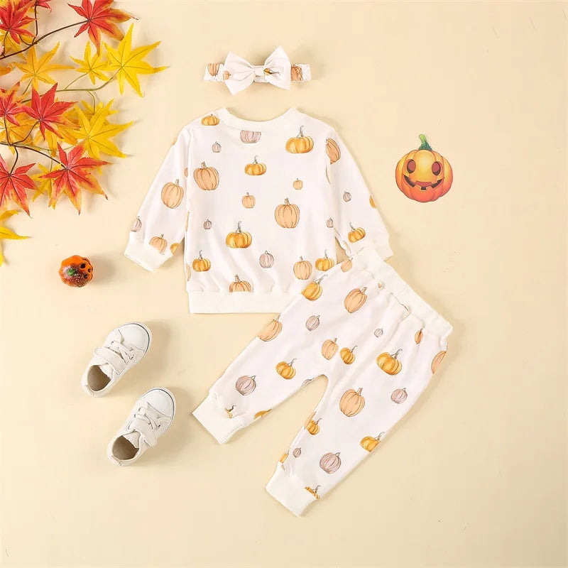 Baby Toddler Girls 3Pcs Halloween Outfit Pumpkin Print Long Sleeve Top Long Pants Headband Fall Set