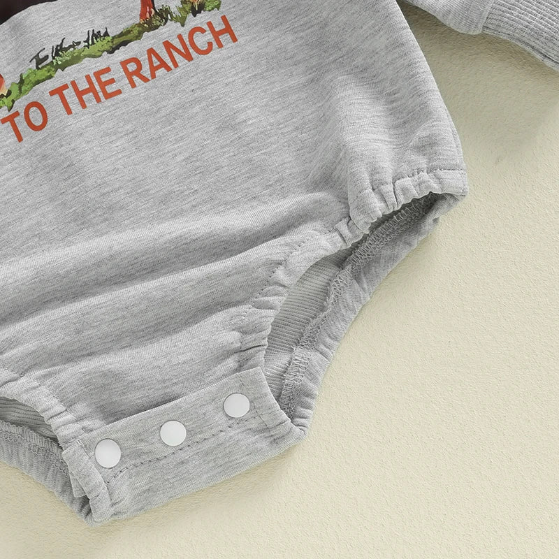 Baby Boys New To The Ranch Western Romper Casual Cattle Cow Letter Print Round Neck Long Sleeve Jumpsuit