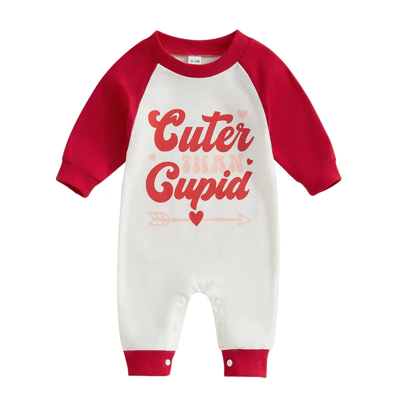 Baby Girls Valentine's Day Cuter Than Cupid Jumpsuit Long Sleeve O Neck Letter Heart Arrow Print Valentines Romper