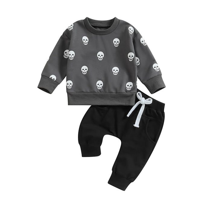 Baby Toddler Boy Girl 2Pcs Outfits Halloween Skull Print Long Sleeve Top Solid Pants Fall Clothes