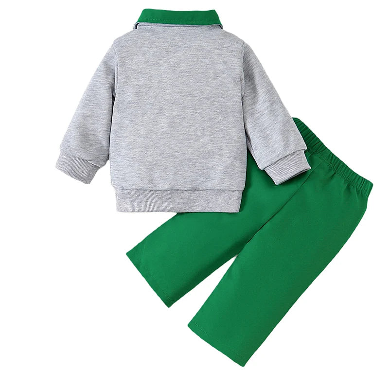 Baby Toddler Boys 2Pcs Autumn Outfit Long Sleeve Collar Golf Embroidery Top Solid Color Pants Set