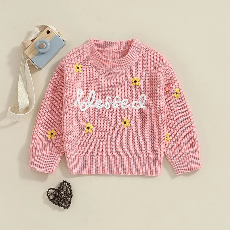 Baby Toddler Girls Blessed Crewneck Knitwear Sweater Flowers Embroidery Long Sleeve Top