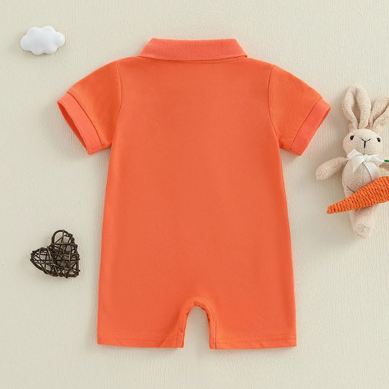 Baby Boys Easter Romper Spring Short Sleeve Lapel Collar Bunny Rabbit Embroidery Jumpsuit Playsuit