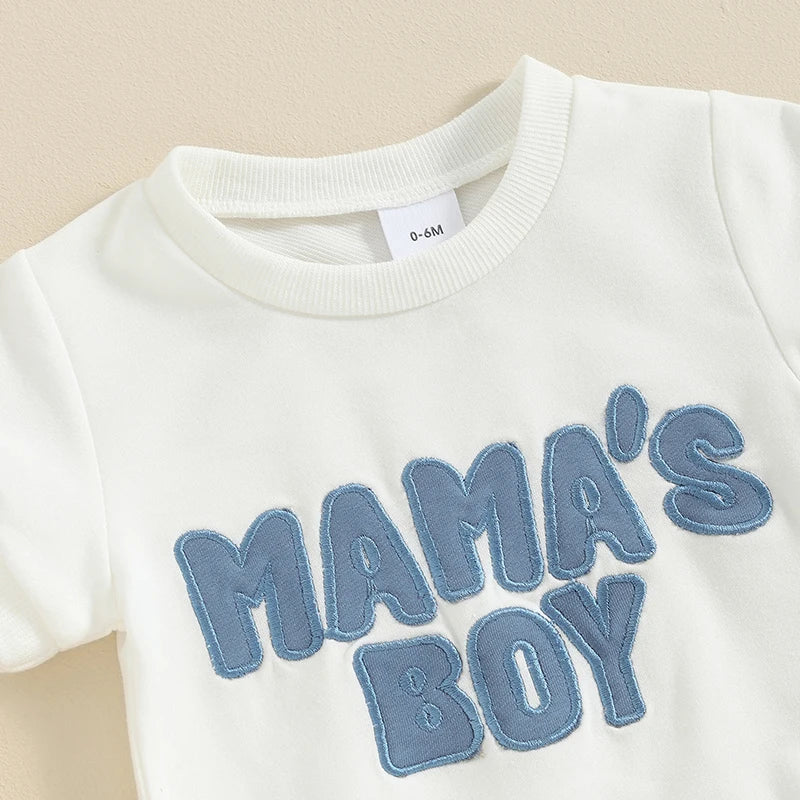 Toddler Baby Boy 2Pcs Mama's Boy Letter Embroidery Short Sleeve Top Solid Shorts Outfit Set