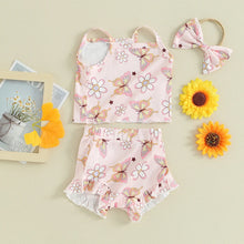 Load image into Gallery viewer, Baby Toddler Girl 3Pcs Outfit Shorts Set Butterfly Print Sleeveless Cami Tank Top Floral Flowers Ruffle Shorts Headband Bow
