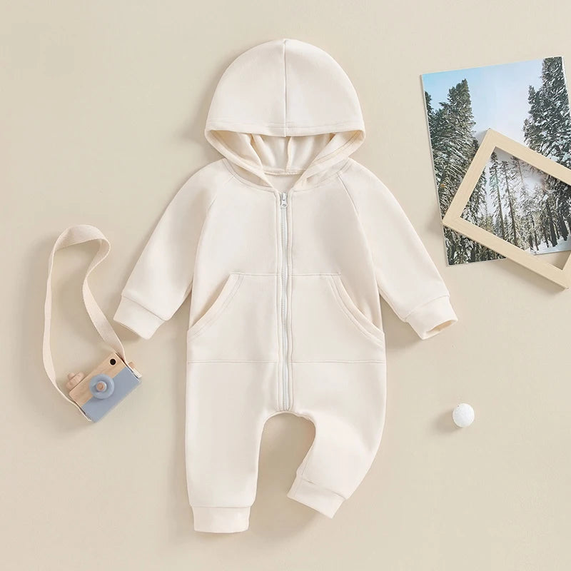 Baby Boy Girl Zipper Romper Long Sleeve Hooded Jumpsuit Solid Color Warm Bodysuit