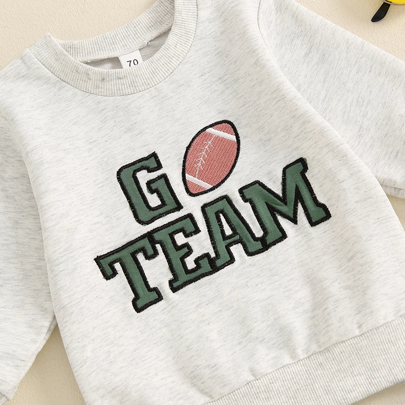 Baby Toddler Boys 2Pcs Go Team Fall Outfit Football Letter Embroidery Long Sleeve O-Neck Top and Solid Color Pants Set