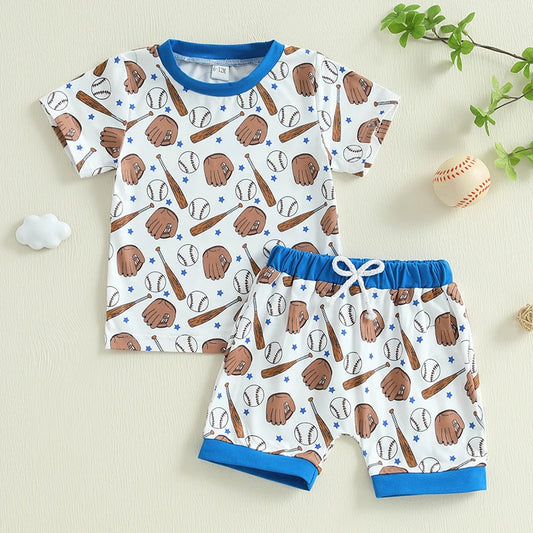 Baby Toddler Boys 2Pcs Baseball Print Outfit Short Sleeve T-shirt Top Elastic Waist Shorts Summer Set