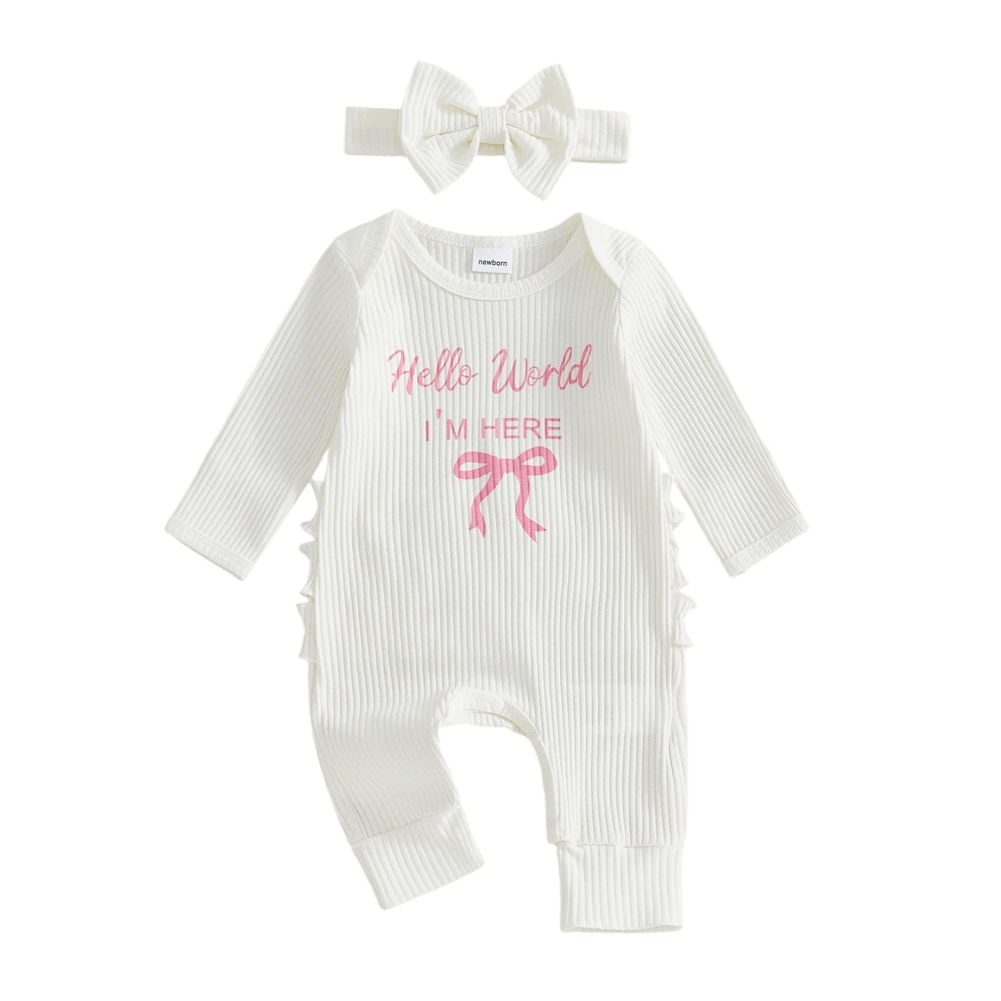 Baby Girl 2Pcs Hello World I'm Here Outfit Long Sleeve Crew Neck Letters Bow Print Romper with Bow Headband Set