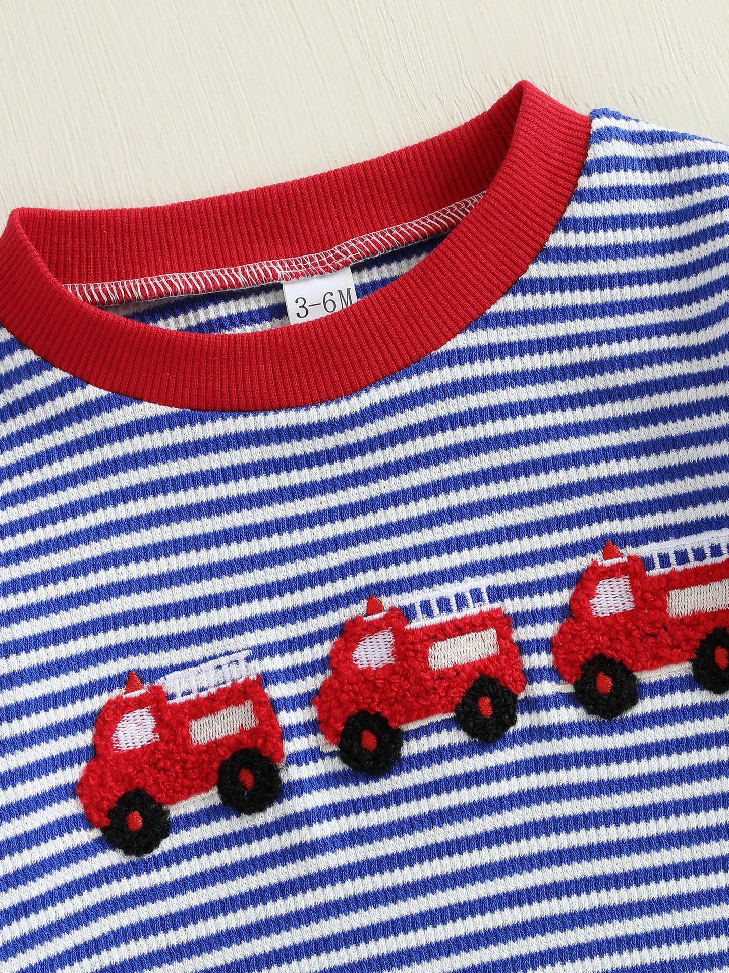 Baby Boy Fall Romper Striped Fire Truck Embroidered Crewneck Long Sleeve Full Length Jumpsuit