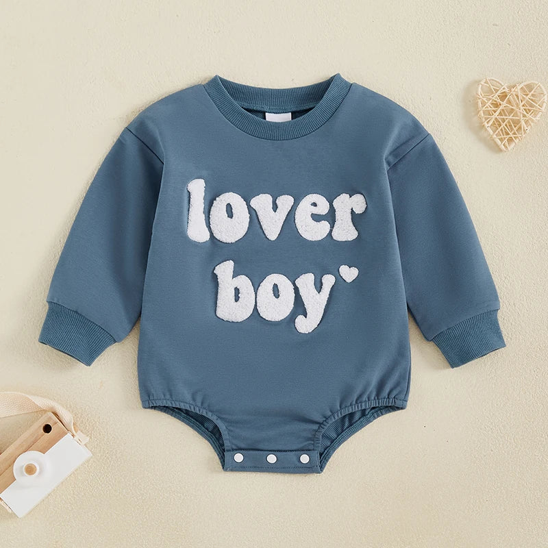 Baby Boys Lover Boy Valentine's Day Bubble Romper Long Sleeve O-Neck Embroidery Letters Valentines Bodysuit